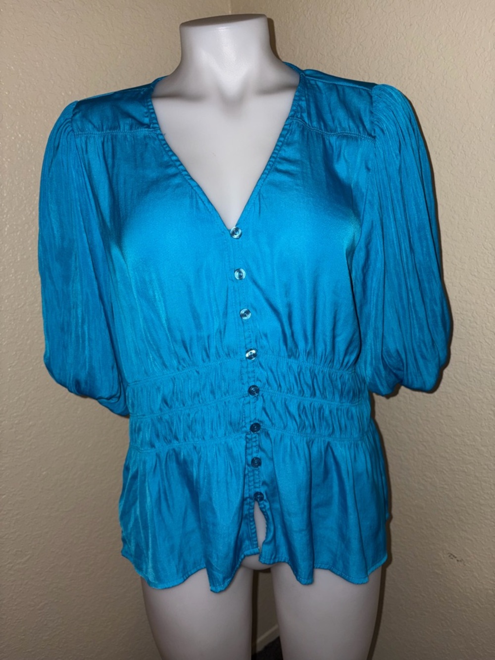 Marc New York Turquoise Button-Front Smocked Peasant Blouse